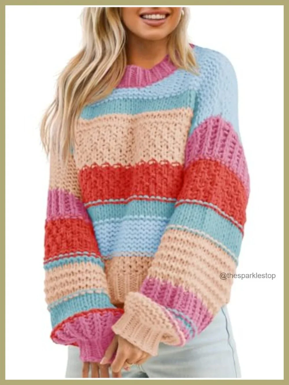 Chunky Knit Cropped Sweater Striped Colorblock Long Sleeve Crew Neck Women's